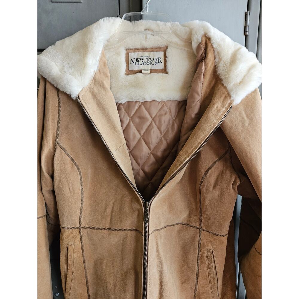 New York Classics ladies tan suede leather coat with hood size large - Picture 3 of 5
